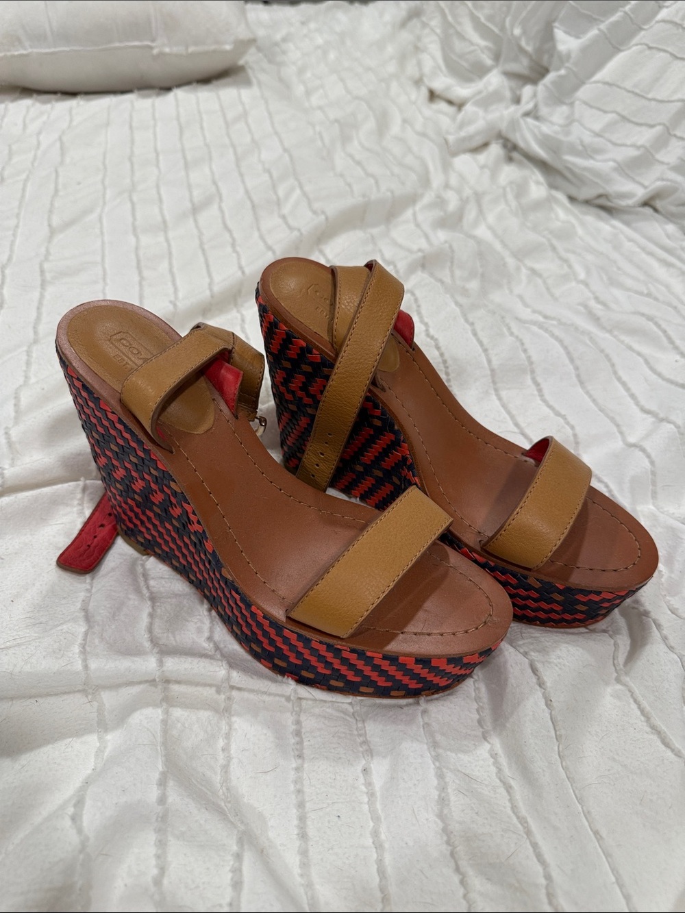 Coach Tan Leather Wedge Sandals with Red & Black Woven Platform